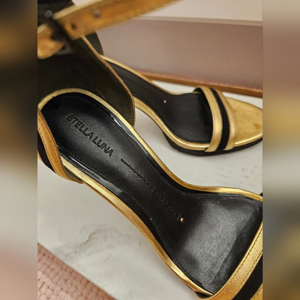 StellaLuna Gold Wings Leather Double Buckle Strap Heel Sandals - Picture 13 of 16